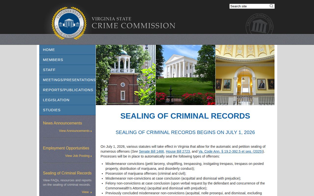 Virginia State Crime Commission overview of automatic and petition sealing for criminal records