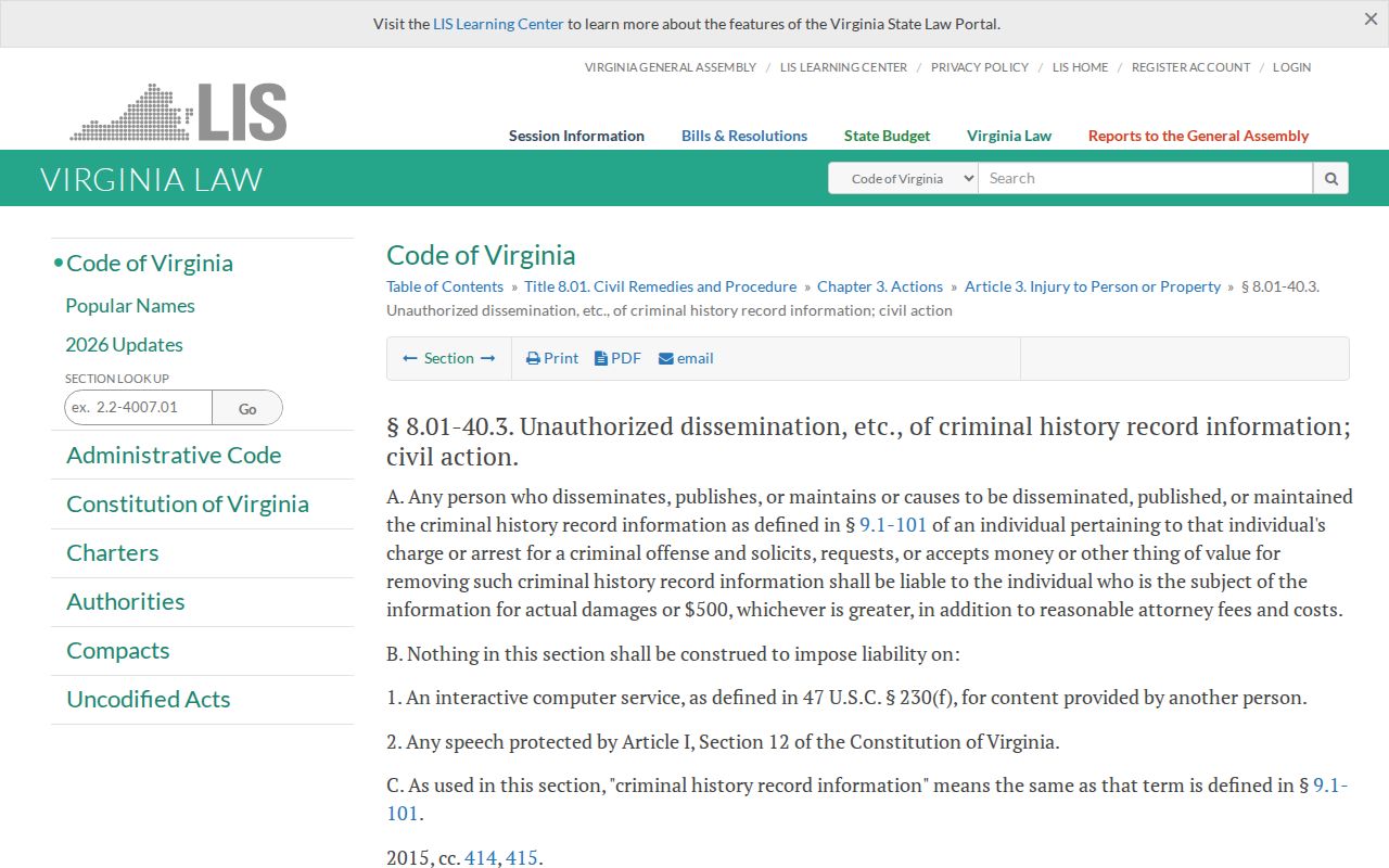 Virginia civil remedy statute addressing payment demands to remove arrest information