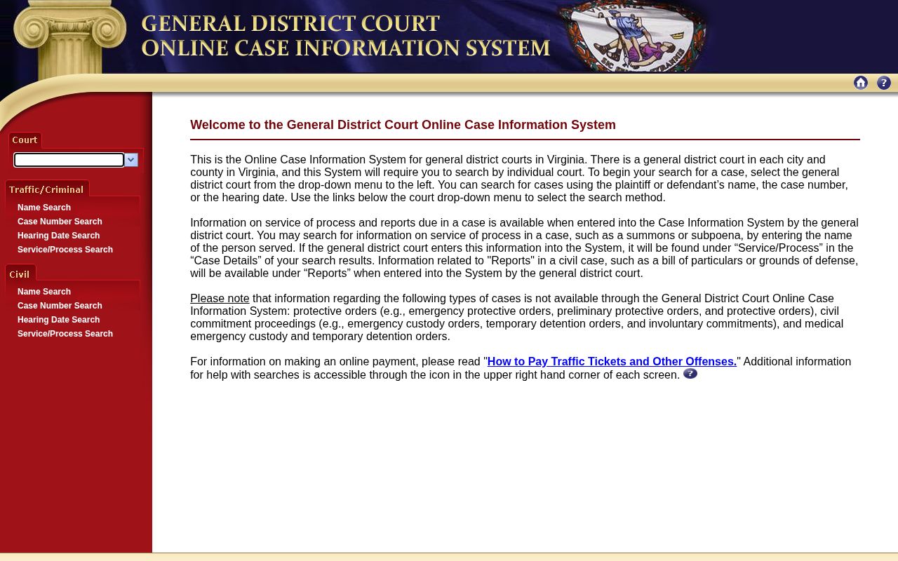 Virginia General District Court case search form for locating court records