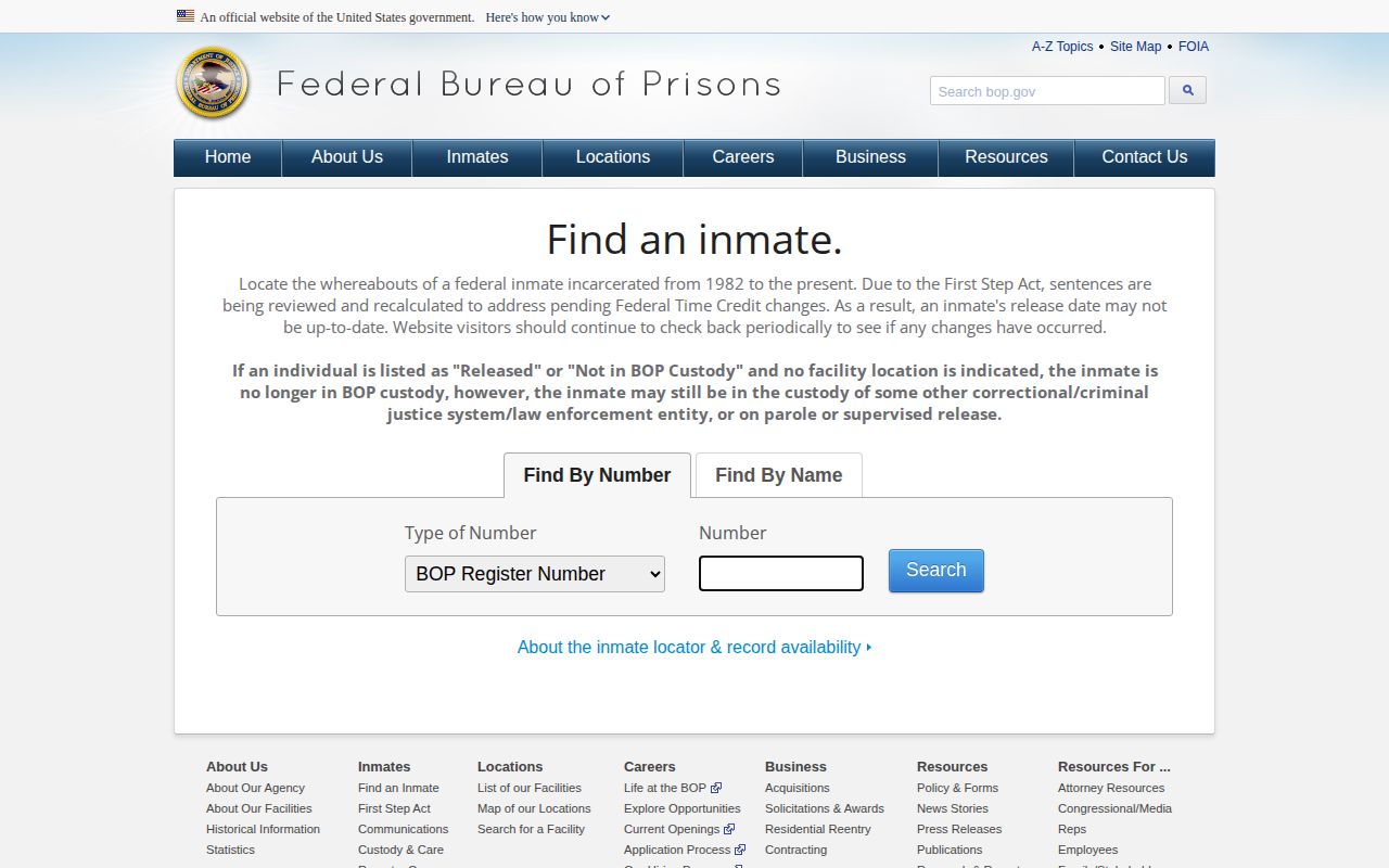 Federal Bureau of Prisons inmate locator fields for federal custody records