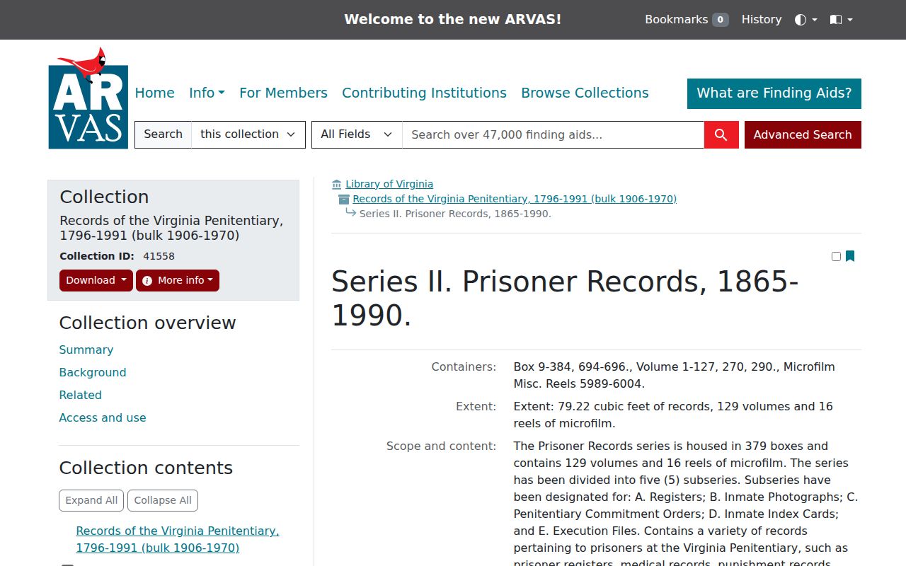 Library of Virginia catalog interface for Virginia Penitentiary records and photographs