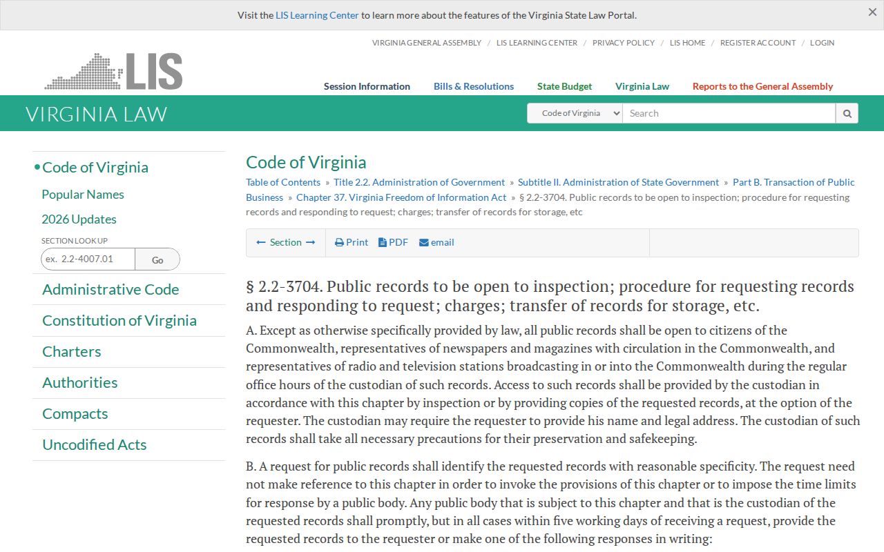 Virginia FOIA statute page showing the five working day response rule for records requests