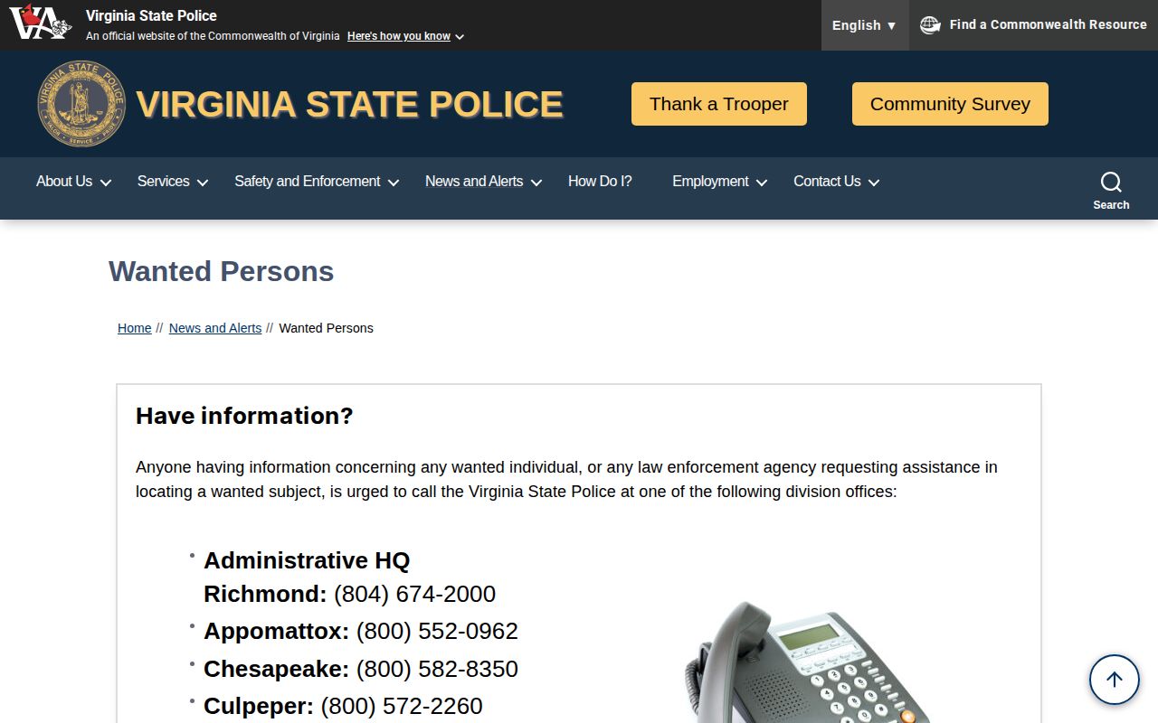 Virginia State Police official wanted-persons information page