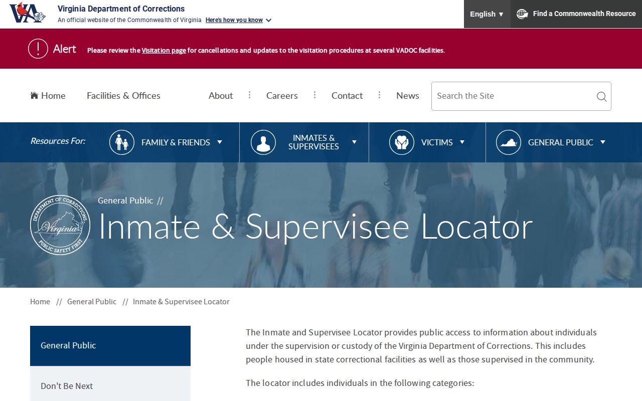 Virginia Department of Corrections locator page for state custody and supervision records