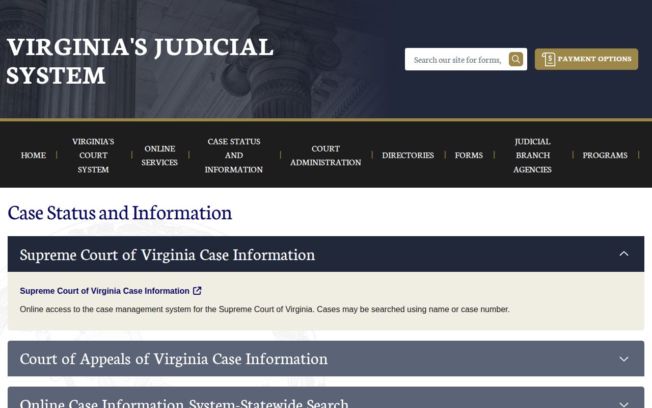 Virginia Courts case-information portal with separate court search sections