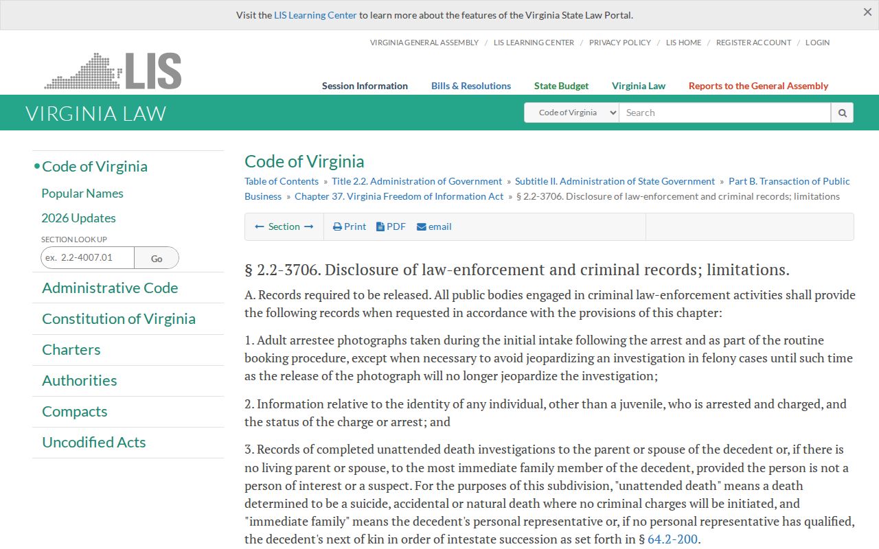Virginia adult routine booking photo disclosure rule in the Code of Virginia